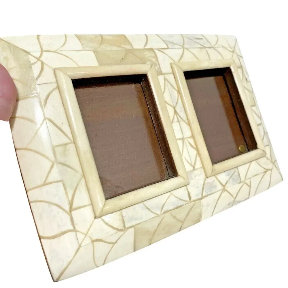 Unique double photo frame wood & stone two pictures standing table top holder